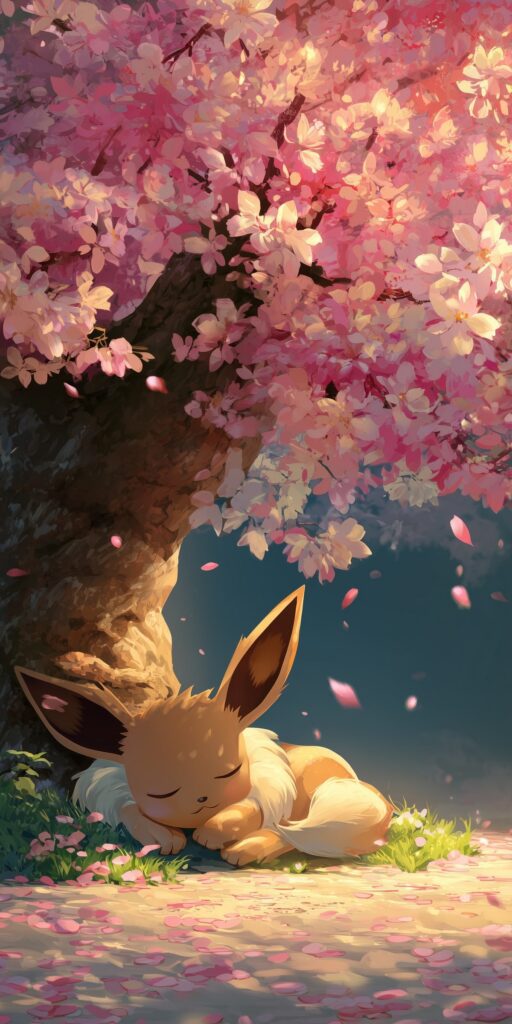 Eevee dormindo sobre a grama sob uma cerejeira florida, com pétalas cor-de-rosa caindo ao redor.