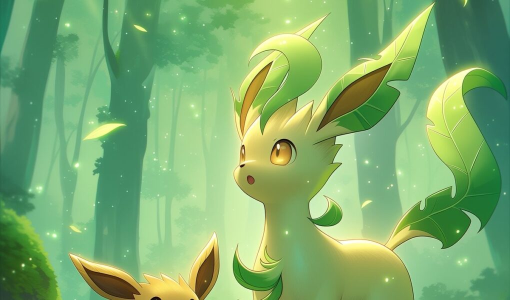 Eevee e Leafeon juntos em uma floresta verde encantada, cercados por árvores, folhas luminosas e pequenos pontos de luz.