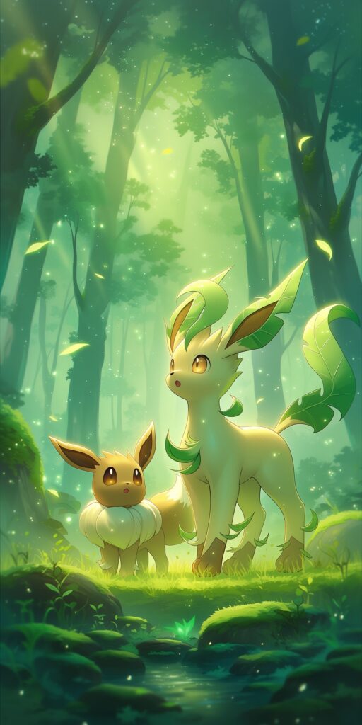 Eevee e Leafeon juntos em uma floresta verde encantada, cercados por árvores, folhas luminosas e pequenos pontos de luz.