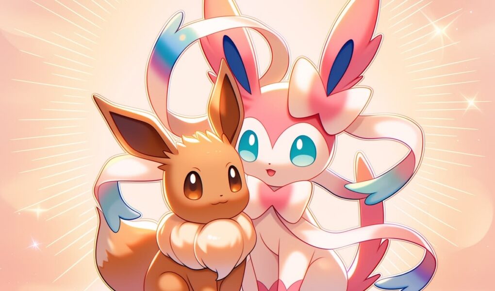 Eevee e Sylveon abraçados em estilo fofo sobre fundo rosa pastel com estrelas, brilhos e raios de luz.