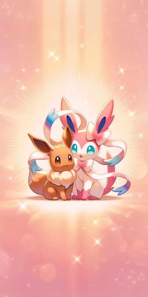 Eevee e Sylveon abraçados em estilo fofo sobre fundo rosa pastel com estrelas, brilhos e raios de luz.