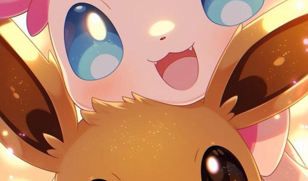 Sylveon abraçando Eevee em uma ilustração kawaii com laços rosa, olhos grandes e pontos de luz dourados.
