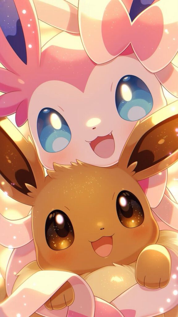 Sylveon abraçando Eevee em uma ilustração kawaii com laços rosa, olhos grandes e pontos de luz dourados.
