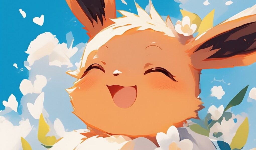 Eevee sorridente sentado entre flores brancas e folhagens, com nuvens ao fundo em um céu azul.