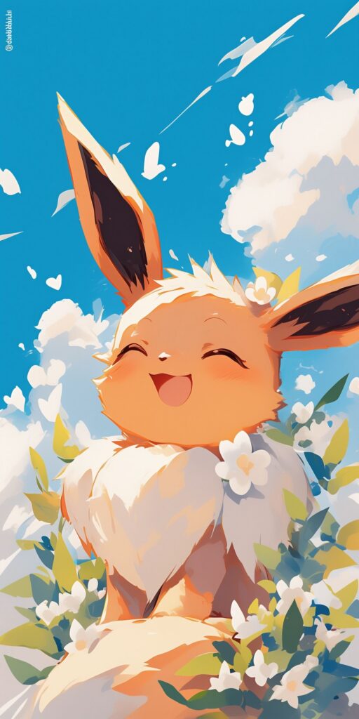 Eevee sorridente sentado entre flores brancas e folhagens, com nuvens ao fundo em um céu azul.