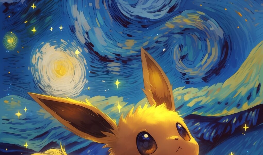 Eevee sentado sob um céu azul estrelado com redemoinhos luminosos em estilo de pintura artística.