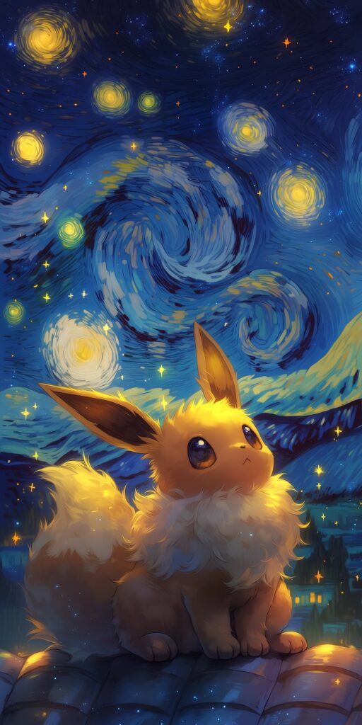 Eevee sentado sob um céu azul estrelado com redemoinhos luminosos em estilo de pintura artística.