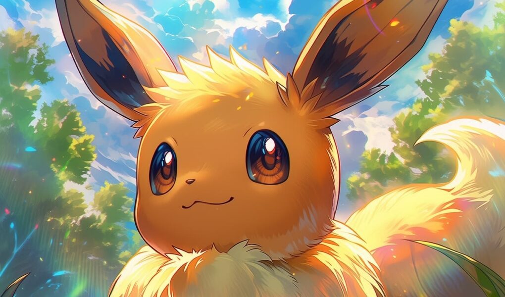 Eevee em pé sobre a grama, cercado por plantas e flores, sob um céu azul com nuvens, sol intenso e reflexos coloridos.