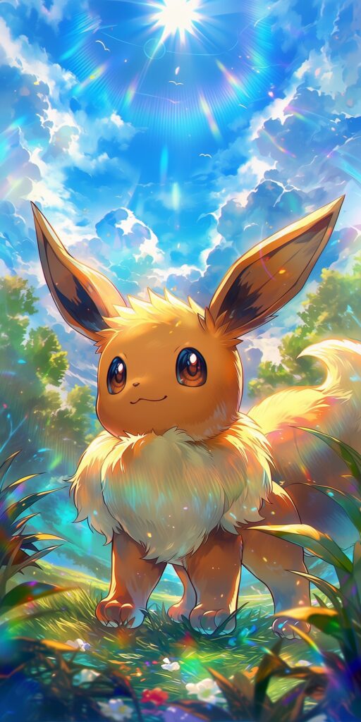 Eevee em pé sobre a grama, cercado por plantas e flores, sob um céu azul com nuvens, sol intenso e reflexos coloridos.
