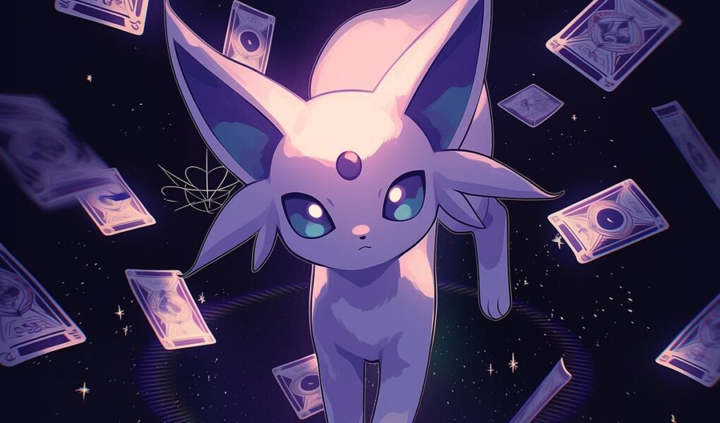 Espeon flutuando em um cenário cósmico roxo, cercado por cartas místicas, estrelas e brilhos luminosos.