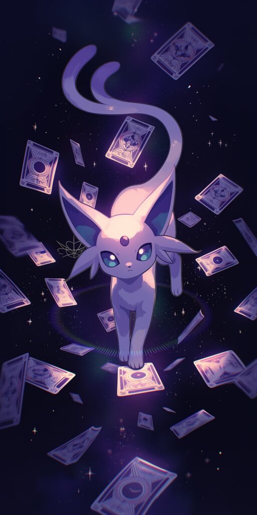 Espeon flutuando em um cenário cósmico roxo, cercado por cartas místicas, estrelas e brilhos luminosos.
