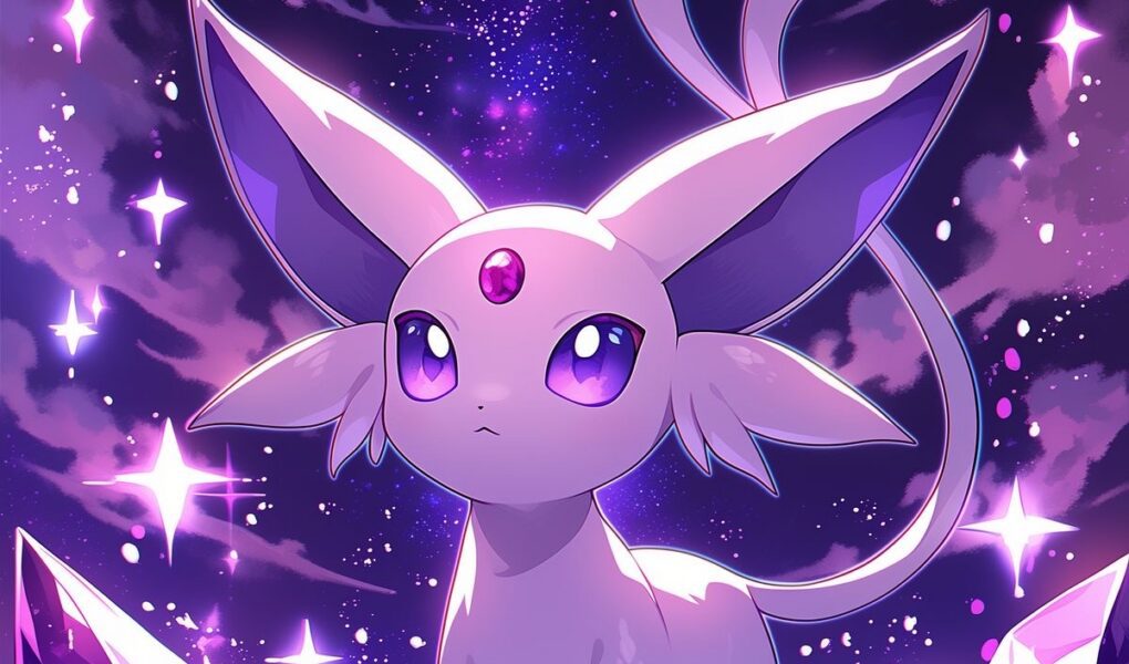 Espeon caminhando entre cristais roxos brilhantes sob um céu cósmico estrelado em tons de roxo e rosa.