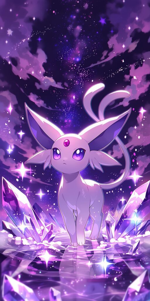 Espeon caminhando entre cristais roxos brilhantes sob um céu cósmico estrelado em tons de roxo e rosa.
