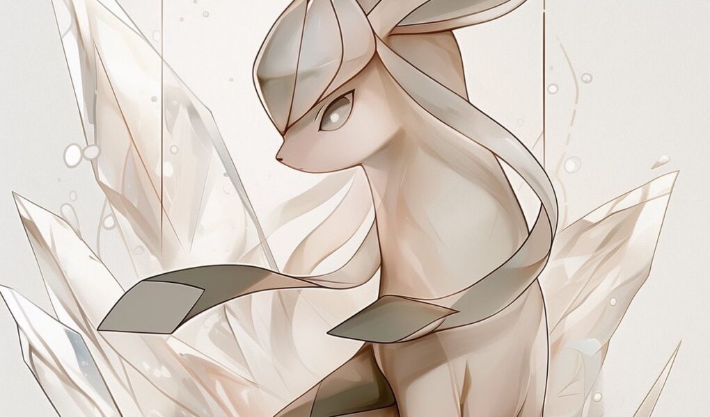 Espeon em tons de bege e cinza sentado entre grandes cristais translúcidos sobre fundo branco com círculos e pequenos brilhos.