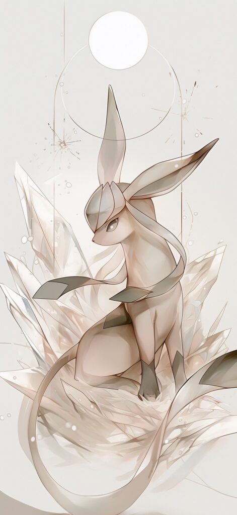 Espeon em tons de bege e cinza sentado entre grandes cristais translúcidos sobre fundo branco com círculos e pequenos brilhos.