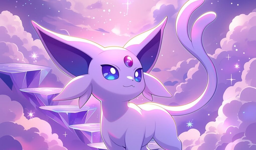 Espeon caminhando sobre plataformas de cristal flutuantes em um céu de nuvens roxas, estrelas e luzes mágicas.