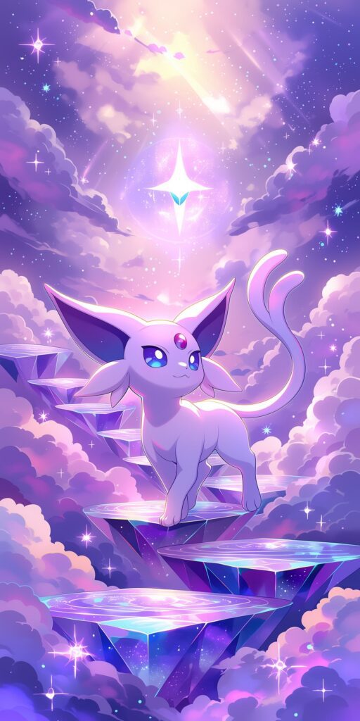 Espeon caminhando sobre plataformas de cristal flutuantes em um céu de nuvens roxas, estrelas e luzes mágicas.