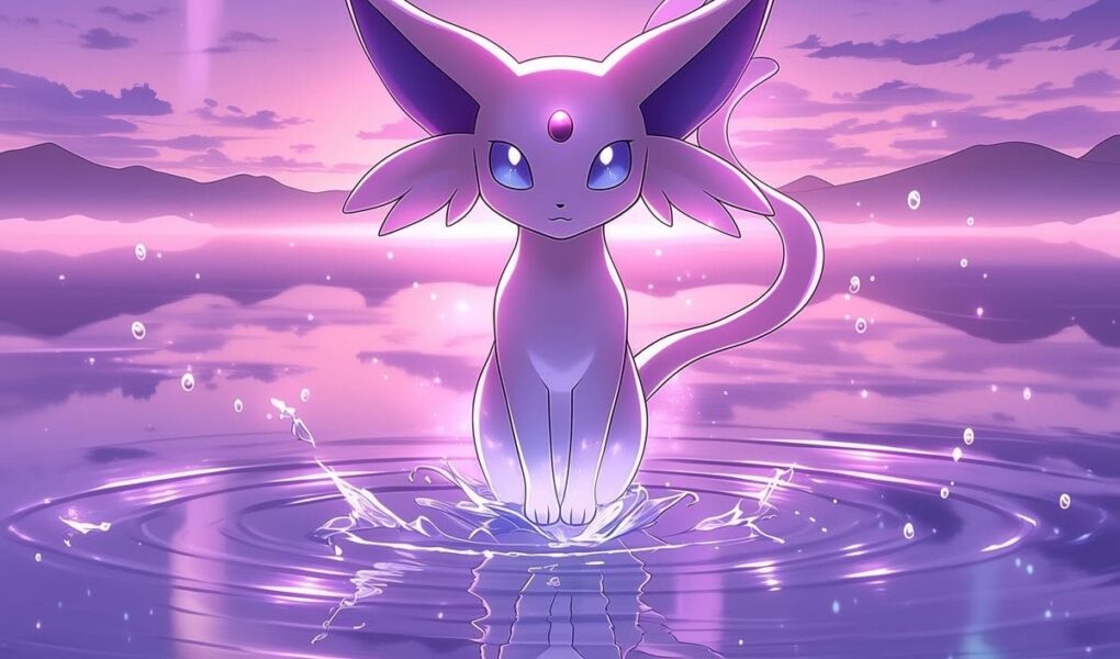 Espeon em pé sobre um lago com seu reflexo na água, sob uma aurora rosa e roxa em um céu estrelado.