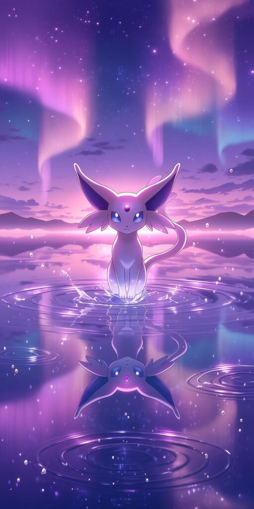 Espeon em pé sobre um lago com seu reflexo na água, sob uma aurora rosa e roxa em um céu estrelado.