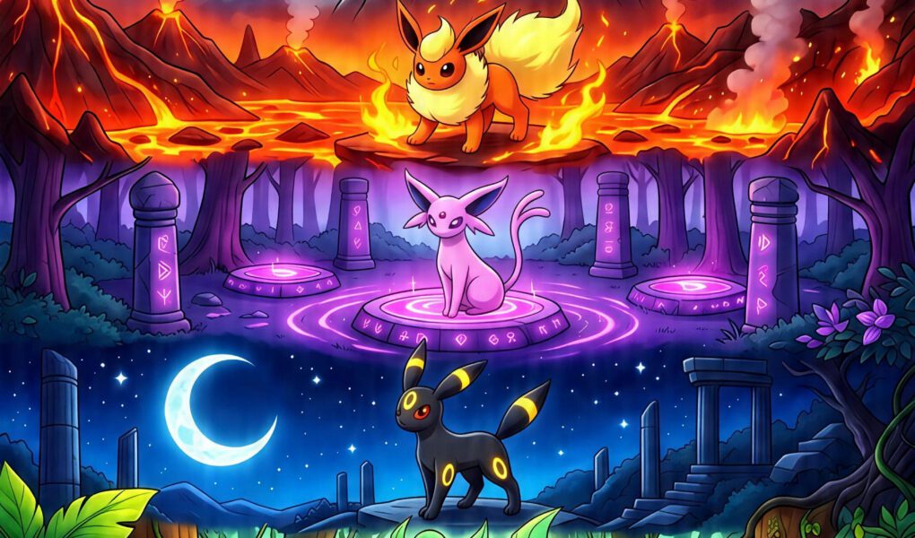 Eevee e suas oito evoluções aparecem em cenários de floresta, água, eletricidade, fogo, magia, noite, natureza, gelo e flores.