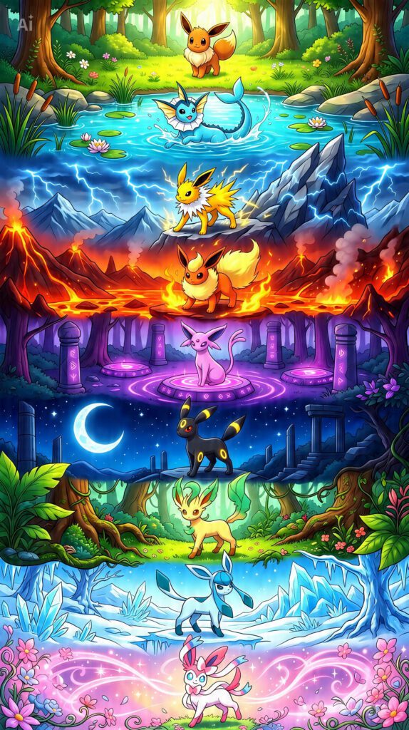Eevee e suas oito evoluções aparecem em cenários de floresta, água, eletricidade, fogo, magia, noite, natureza, gelo e flores.