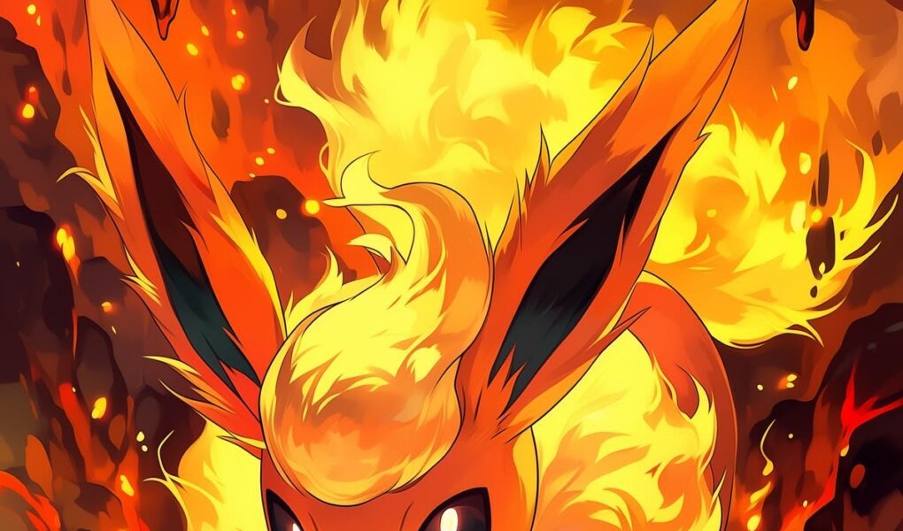 Flareon caminhando entre chamas e lava dentro de uma caverna vulcânica.