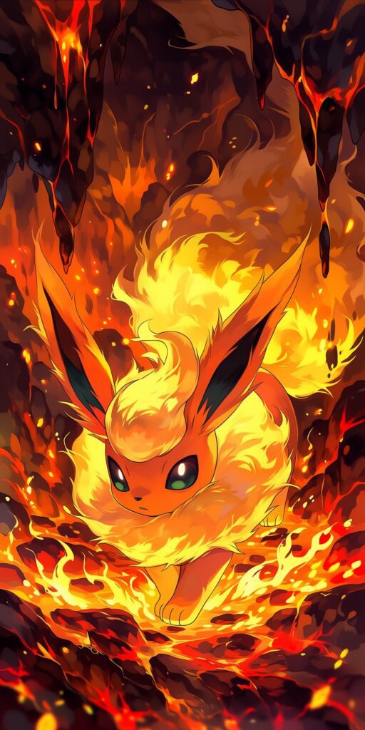 Flareon caminhando entre chamas e lava dentro de uma caverna vulcânica.