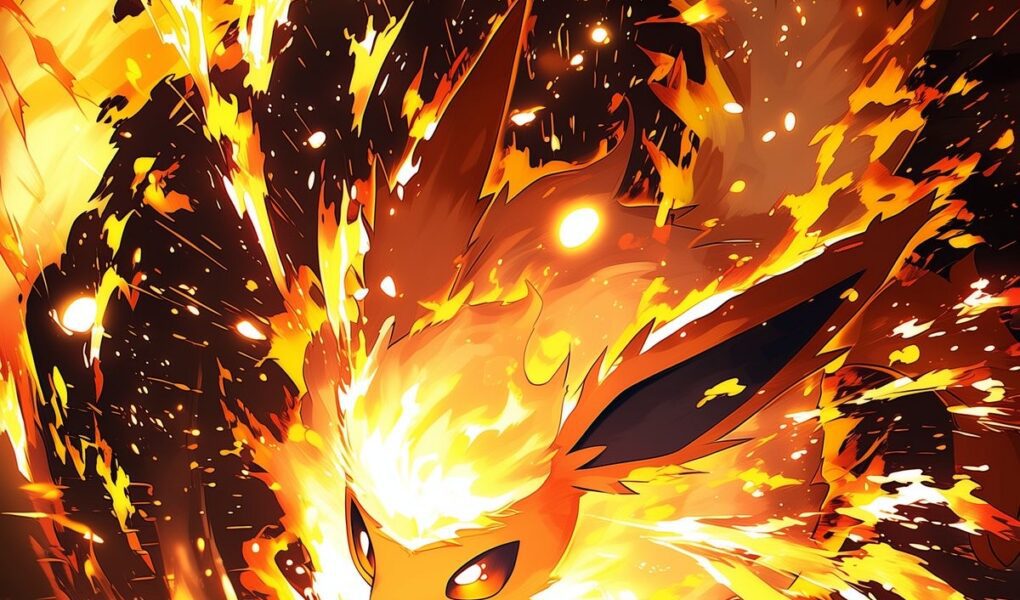 Flareon avançando em meio a chamas intensas, faíscas e efeitos luminosos sobre um fundo escuro.