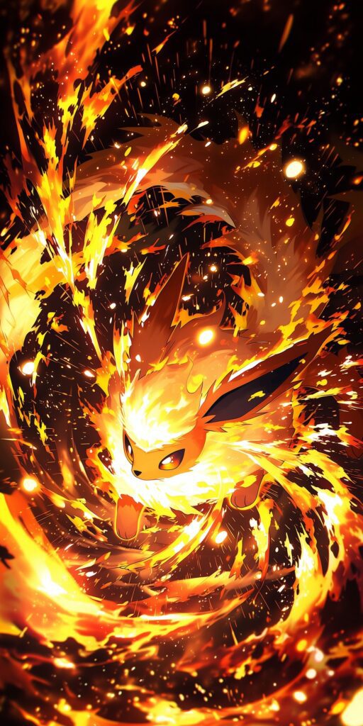 Flareon avançando em meio a chamas intensas, faíscas e efeitos luminosos sobre um fundo escuro.