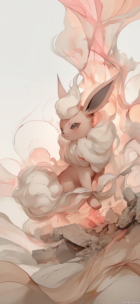 Flareon cercado por nuvens e formas fluidas em tons pastel de rosa, branco e bege.