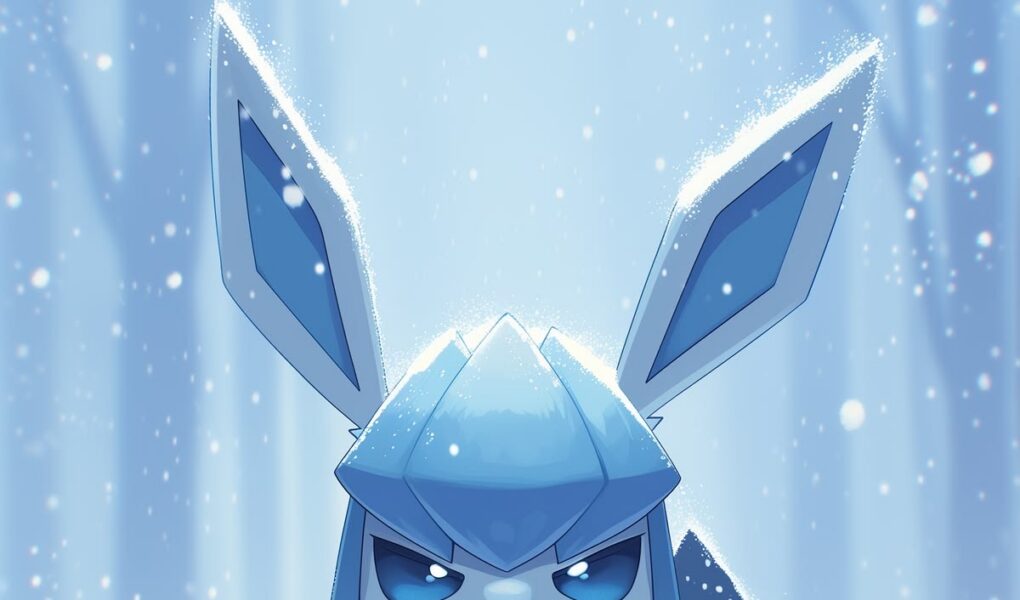 Glaceon sentado sobre a neve em uma floresta congelada azul, cercado por flocos de neve e pontos luminosos.