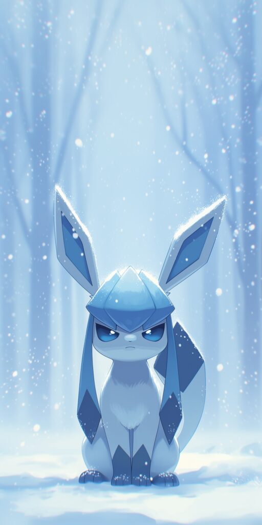 Glaceon sentado sobre a neve em uma floresta congelada azul, cercado por flocos de neve e pontos luminosos.