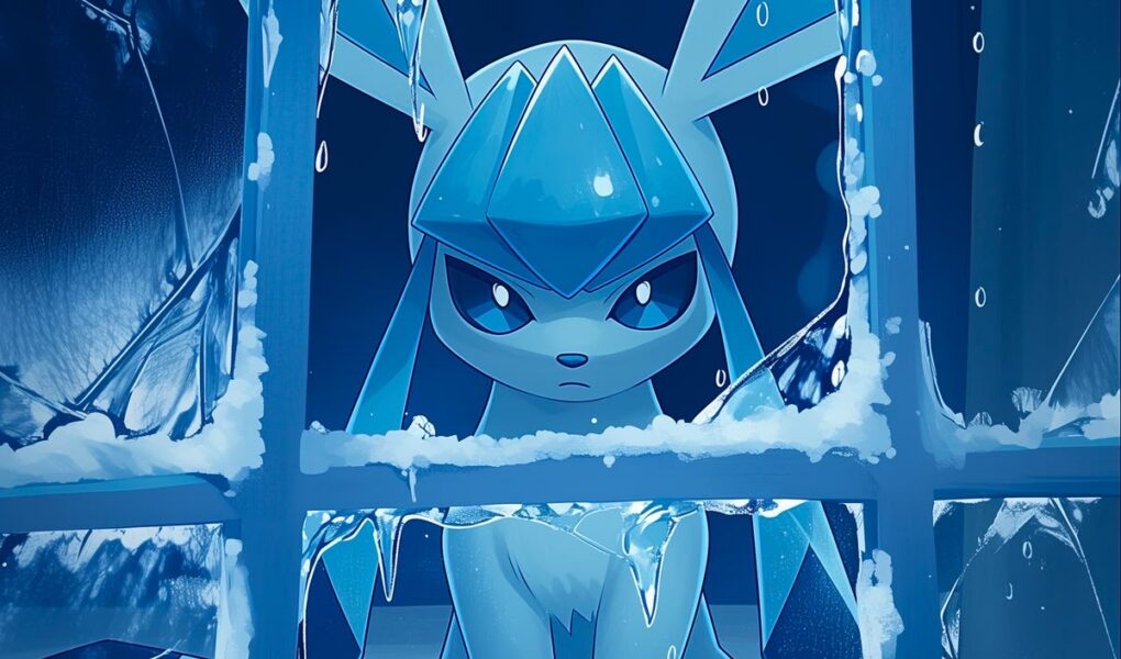 Glaceon aparece atrás de uma janela congelada, cercado por neve, cristais e pingentes de gelo em tons de azul.