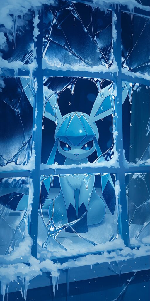 Glaceon aparece atrás de uma janela congelada, cercado por neve, cristais e pingentes de gelo em tons de azul.
