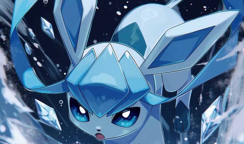 Glaceon avançando entre cristais de gelo e uma tempestade congelante em tons de azul e branco.