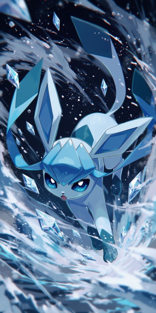 Glaceon avançando entre cristais de gelo e uma tempestade congelante em tons de azul e branco.