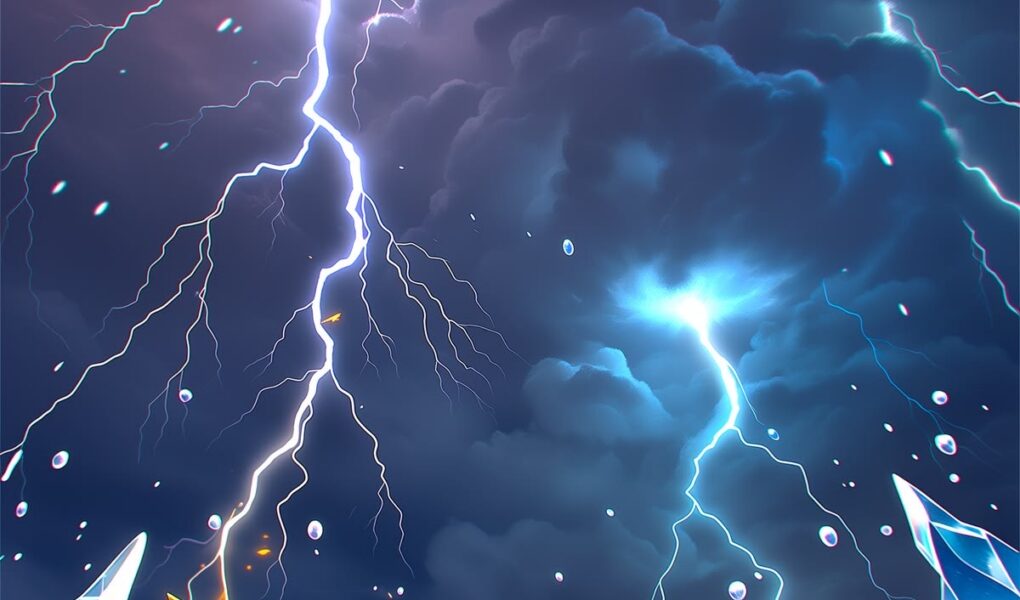 Jolteon e Glaceon lado a lado entre cristais de gelo, neve e relâmpagos sob nuvens de tempestade.