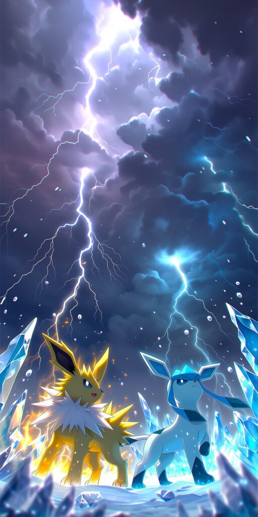Jolteon e Glaceon lado a lado entre cristais de gelo, neve e relâmpagos sob nuvens de tempestade.