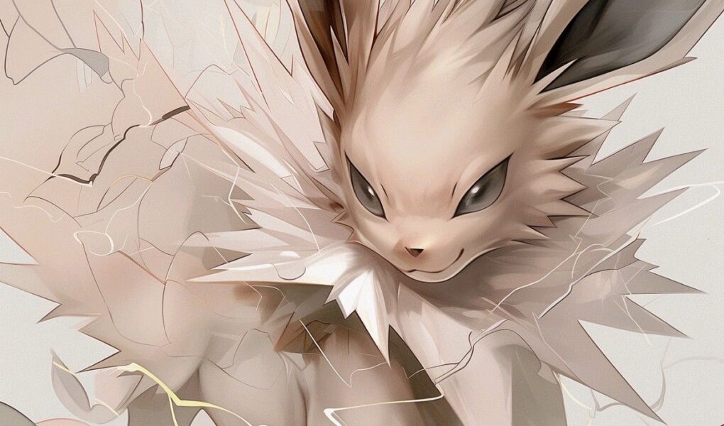 Jolteon em tons de bege e rosa claro, cercado por formas florais abstratas e linhas delicadas sobre fundo branco.