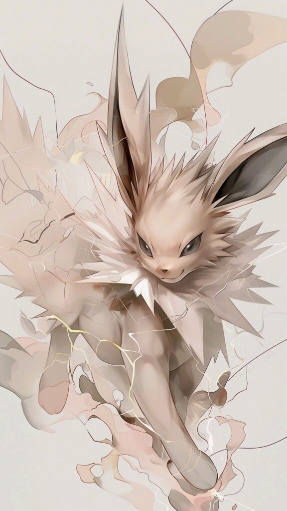 Jolteon em tons de bege e rosa claro, cercado por formas florais abstratas e linhas delicadas sobre fundo branco.