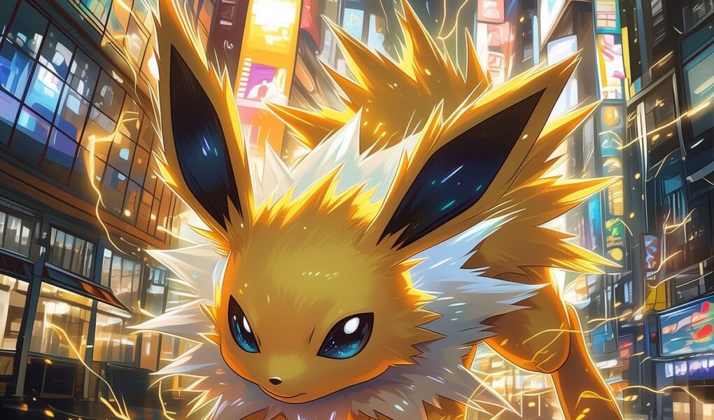 Jolteon correndo e emitindo raios dourados em uma cidade futurista noturna, cercada por arranha-céus, letreiros neon e reflexos sobre a rua molhada.