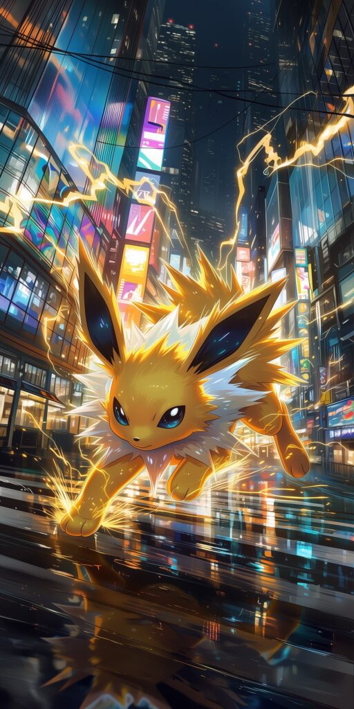 Jolteon correndo e emitindo raios dourados em uma cidade futurista noturna, cercada por arranha-céus, letreiros neon e reflexos sobre a rua molhada.