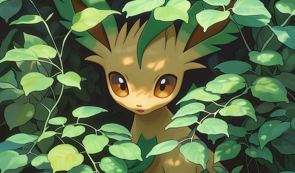 Leafeon sentado e parcialmente escondido entre folhas verdes em uma floresta densa iluminada por suaves raios de luz.
