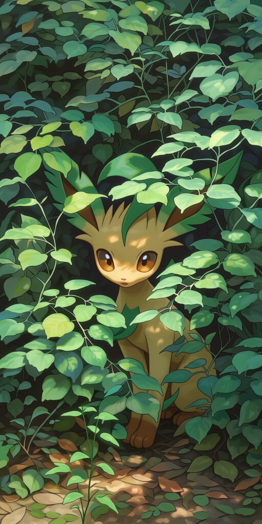 Leafeon sentado e parcialmente escondido entre folhas verdes em uma floresta densa iluminada por suaves raios de luz.