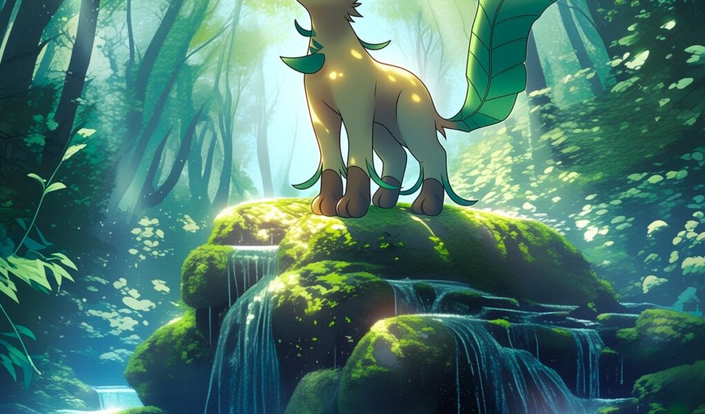 Leafeon sobre uma pedra coberta de musgo em uma floresta iluminada, com pequenas cachoeiras e um riacho.