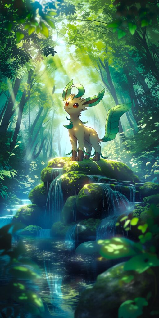 Leafeon sobre uma pedra coberta de musgo em uma floresta iluminada, com pequenas cachoeiras e um riacho.
