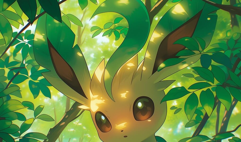 Leafeon em meio às folhagens de uma floresta verde, iluminado por raios de sol dourados.