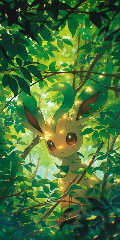 Leafeon em meio às folhagens de uma floresta verde, iluminado por raios de sol dourados.