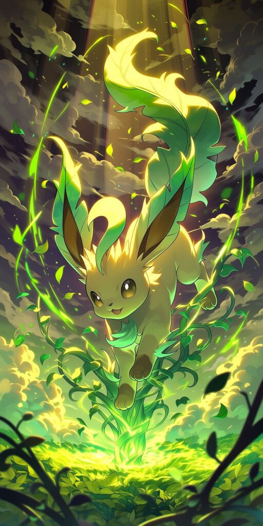 Leafeon saltando em uma floresta, cercado por folhas, cipós e energia verde luminosa sob feixes de luz dourada.