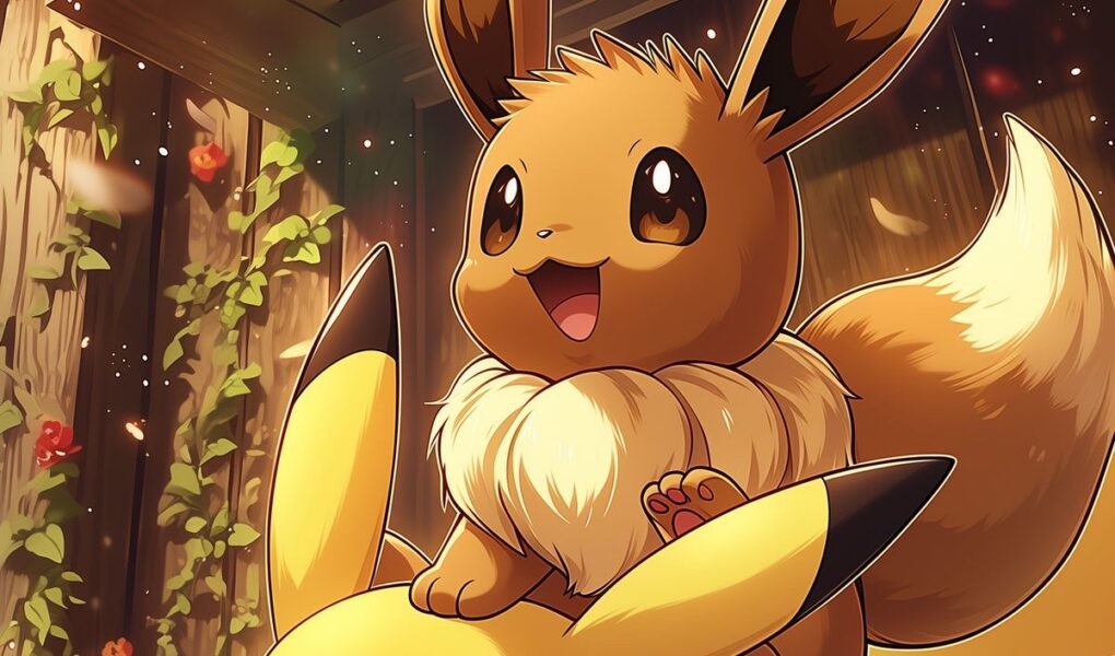 Pikachu correndo com Eevee sobre as costas diante de uma casa de madeira decorada com flores e folhagens sob uma luz dourada.